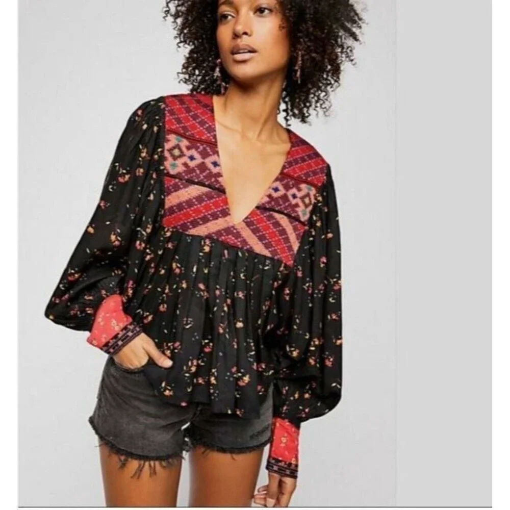 Free People Lady Lou Peasant Blouse Embroidered High Low V Neck Top Floral M